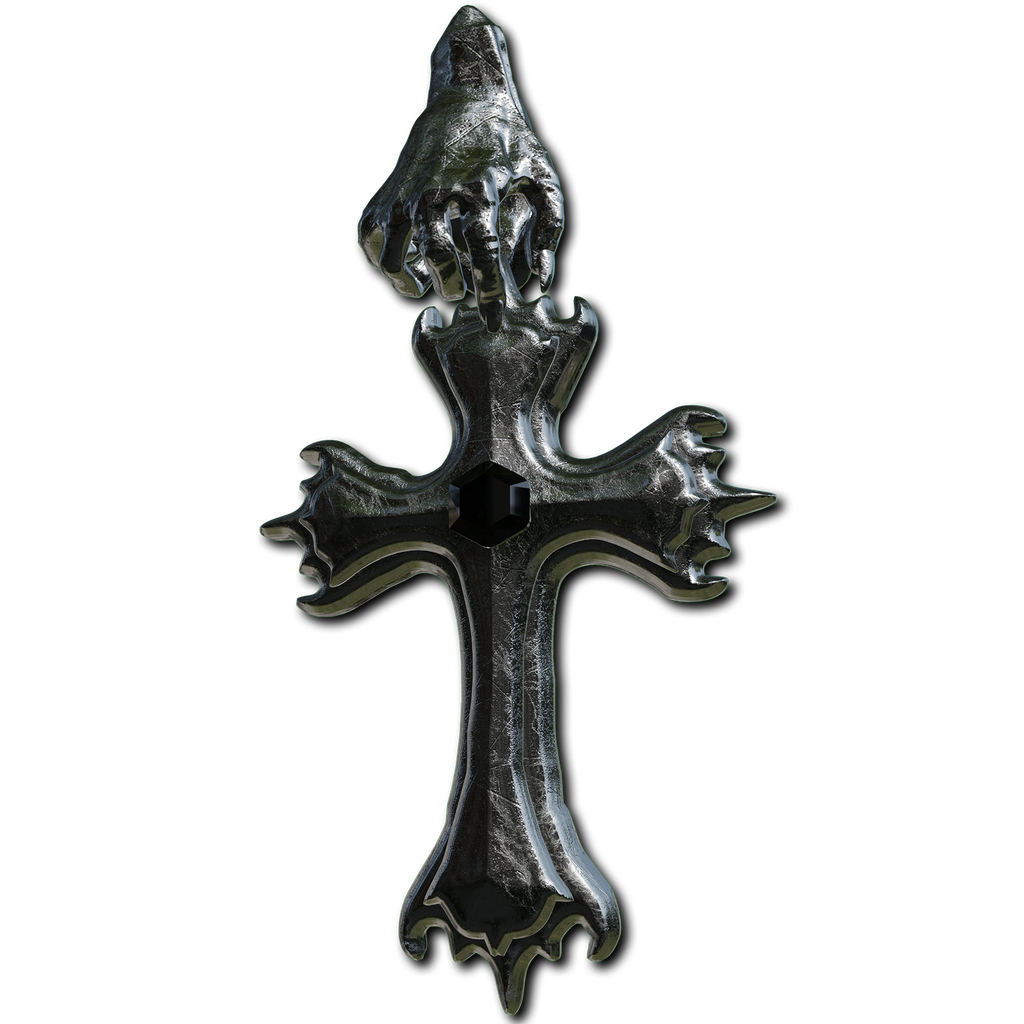 dark funeral cross pendant with a hand charm