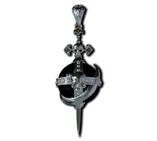 A silver necklace with a dragon and red stones.