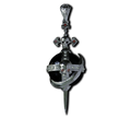 A silver necklace with a dragon and red stones.