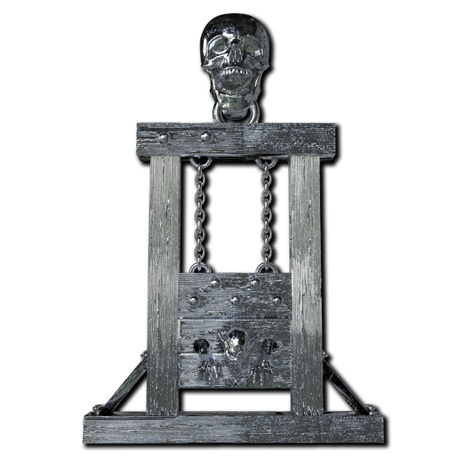 A guillotine pendant with a skull and chain on it.
