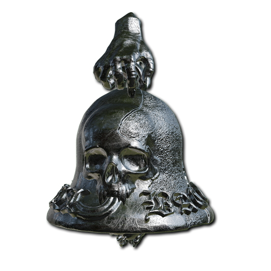stainless stell bell pendant with a hand and skull