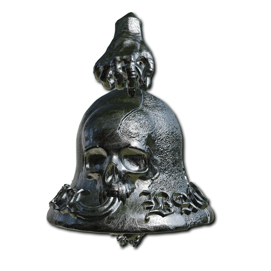 stainless stell bell pendant with a hand and skull