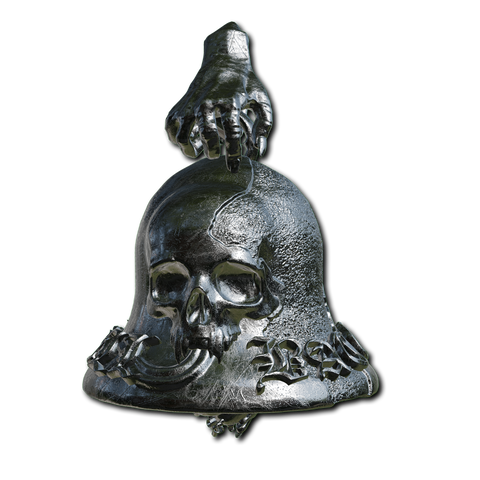 stainless stell bell pendant with a hand and skull